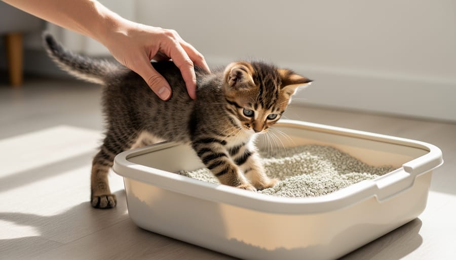 A kitten using a litter box while a person offers a treat nearby.