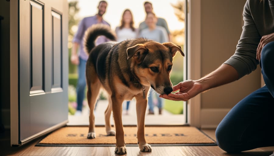 A small rescue dog is gently greeted by an adopter at the front door in soft natural light.