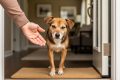“A small rescue dog is greeted gently by an adopter at the front door in soft natural light.”
