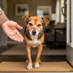 “A small rescue dog is greeted gently by an adopter at the front door in soft natural light.”