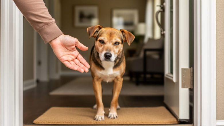 “A small rescue dog is greeted gently by an adopter at the front door in soft natural light.”