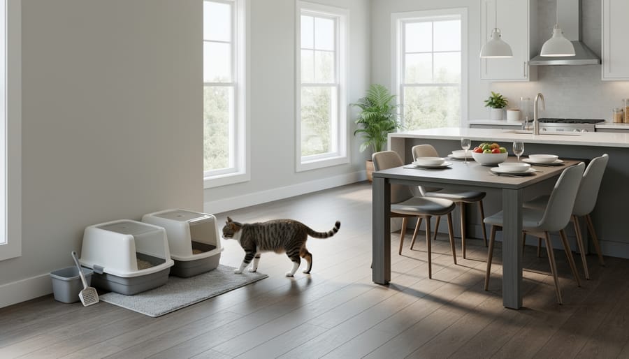 Two litter boxes placed in a quiet low-traffic area away from the cat’s food.