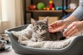 A foster volunteer gently pets a gray tabby kitten resting on a blanket inside a cozy home cat setup.