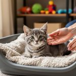 A foster volunteer gently pets a gray tabby kitten resting on a blanket inside a cozy home cat setup.