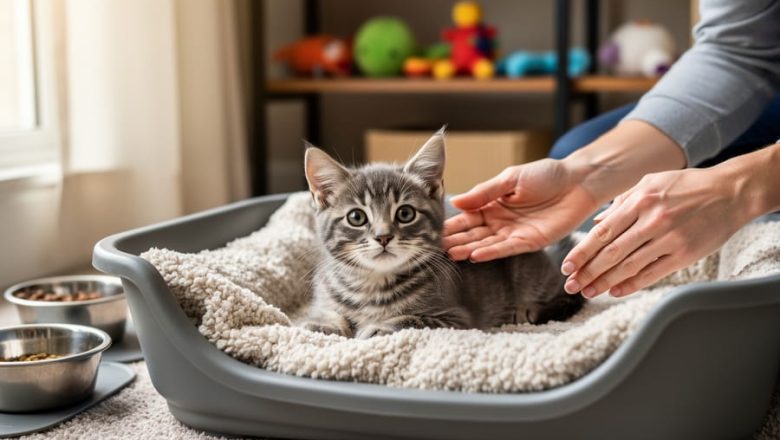 A foster volunteer gently pets a gray tabby kitten resting on a blanket inside a cozy home cat setup.
