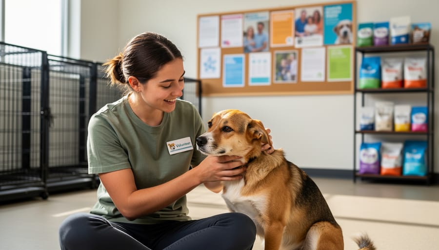 A volunteer kneeling outdoors with a calm dog, showing supportive interaction