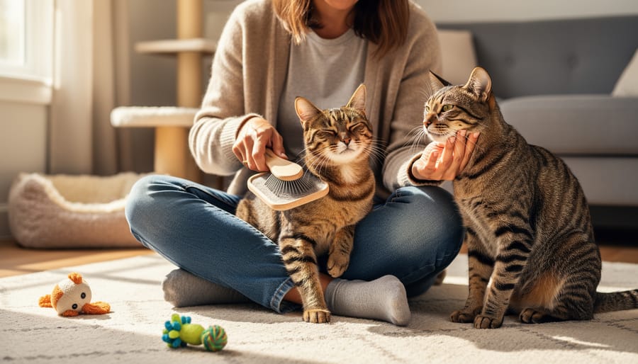 A volunteer gently grooming a foster cat in a home setting, showing supportive day-to-day care.