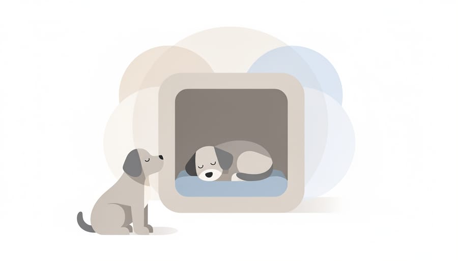 A calm young puppy resting inside a crate with a blanket