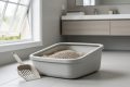 Clean cat litter box in a bright, well-ventilated bathroom with a litter scoop nearby and soft daylight highlighting the fresh setup.