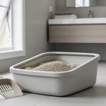 Clean cat litter box in a bright, well-ventilated bathroom with a litter scoop nearby and soft daylight highlighting the fresh setup.