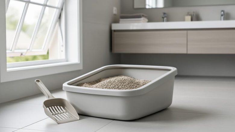 Clean cat litter box in a bright, well-ventilated bathroom with a litter scoop nearby and soft daylight highlighting the fresh setup.