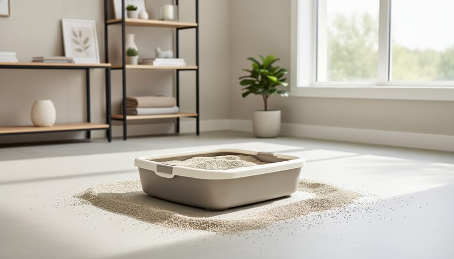 A clean cat litter box next to a relaxed cat in a bright, well-kept home.