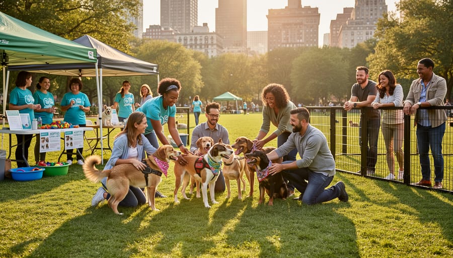 Dogs and volunteer handlers at a park during a calm community adoption event