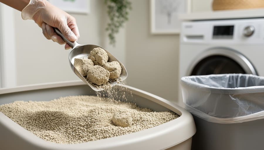 Close-up of a gloved hand scooping clumped cat litter from a litter box.