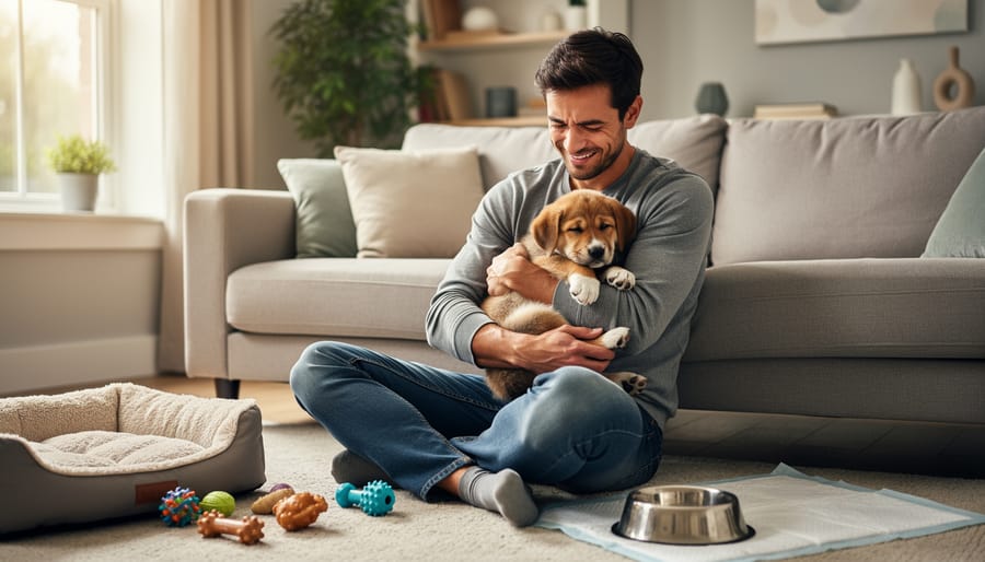 A puppy parent sitting on the floor looking at a young puppy with a crate and chew toys nearby
