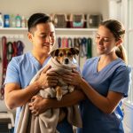 Volunteer gently holding a rescued dog in a foster home doorway with another volunteer preparing comfort care nearby.