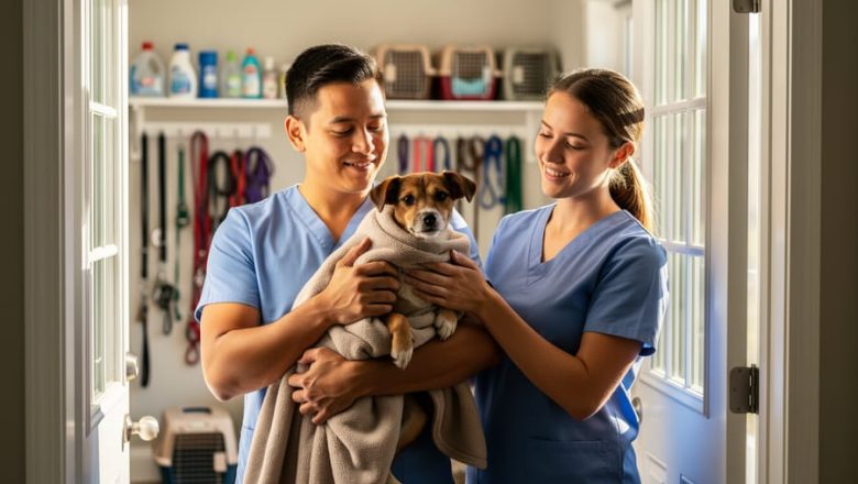 Volunteer gently holding a rescued dog in a foster home doorway with another volunteer preparing comfort care nearby.