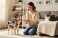 “A volunteer kneels in a living room offering treats to a dog while a cat rests on a blanket, representing foster-based pet adoption organizations.”