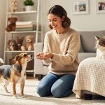 “A volunteer kneels in a living room offering treats to a dog while a cat rests on a blanket, representing foster-based pet adoption organizations.”