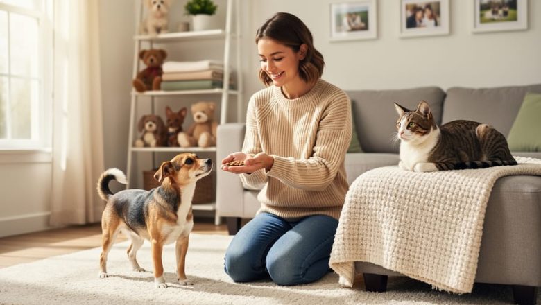 “A volunteer kneels in a living room offering treats to a dog while a cat rests on a blanket, representing foster-based pet adoption organizations.”
