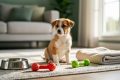 A young puppy sits on a rug near a water bowl and chew toys in a bright, cozy home setting.