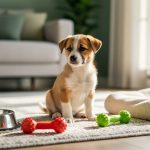 A young puppy sits on a rug near a water bowl and chew toys in a bright, cozy home setting.