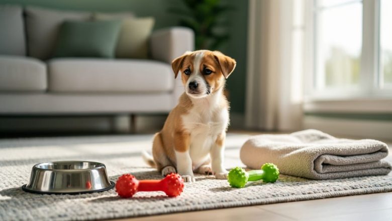 A young puppy sits on a rug near a water bowl and chew toys in a bright, cozy home setting.