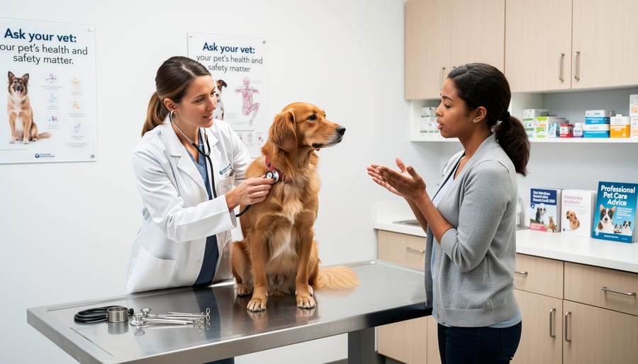 A veterinarian examining a puppy on an exam table in a clinic