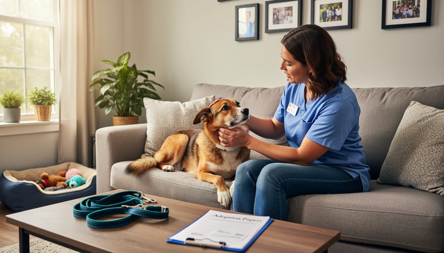 A volunteer kneeling in a living room gently holding a foster dog while another pet rests nearby
