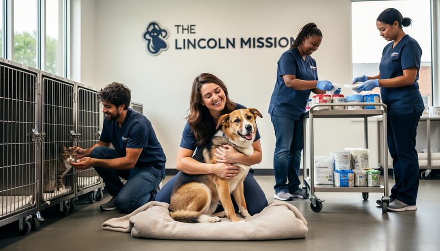 Volunteers working together outdoors to care for and prepare a dog for the next step in foster or adoption.