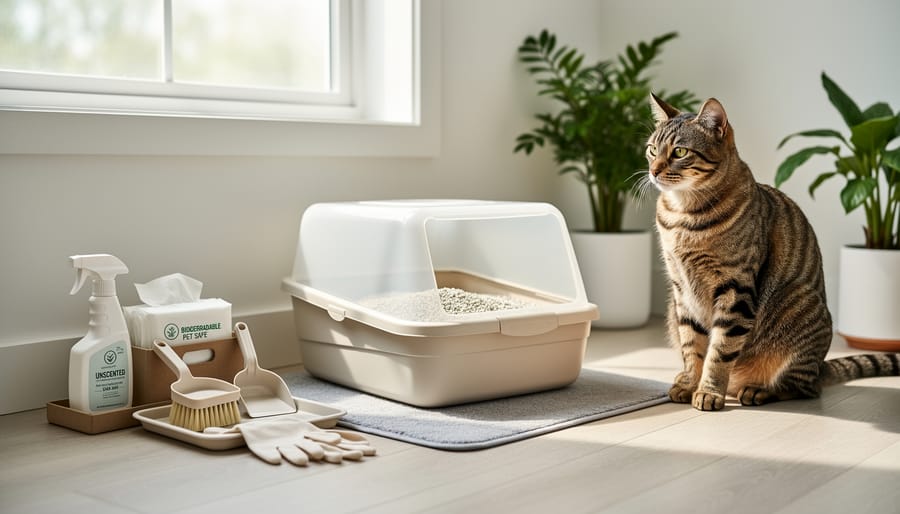 Cat-safe cleaning supplies and an empty litter box prepared for a hygienic deep cleaning routine.
